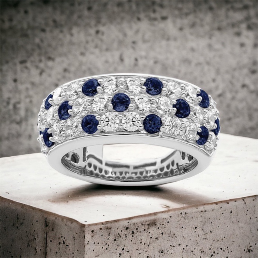 14k White Gold Lab Grown Diamond & blue Sapphire birthstone Dome Ring September